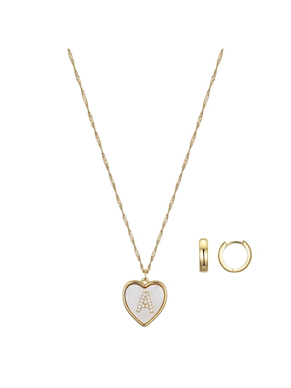 Women's 14Kt Gold Flash Plated Mother of Pearl Heart Initial "A" Pendant Necklace and Hopp Earring Set, 18+2" Extender