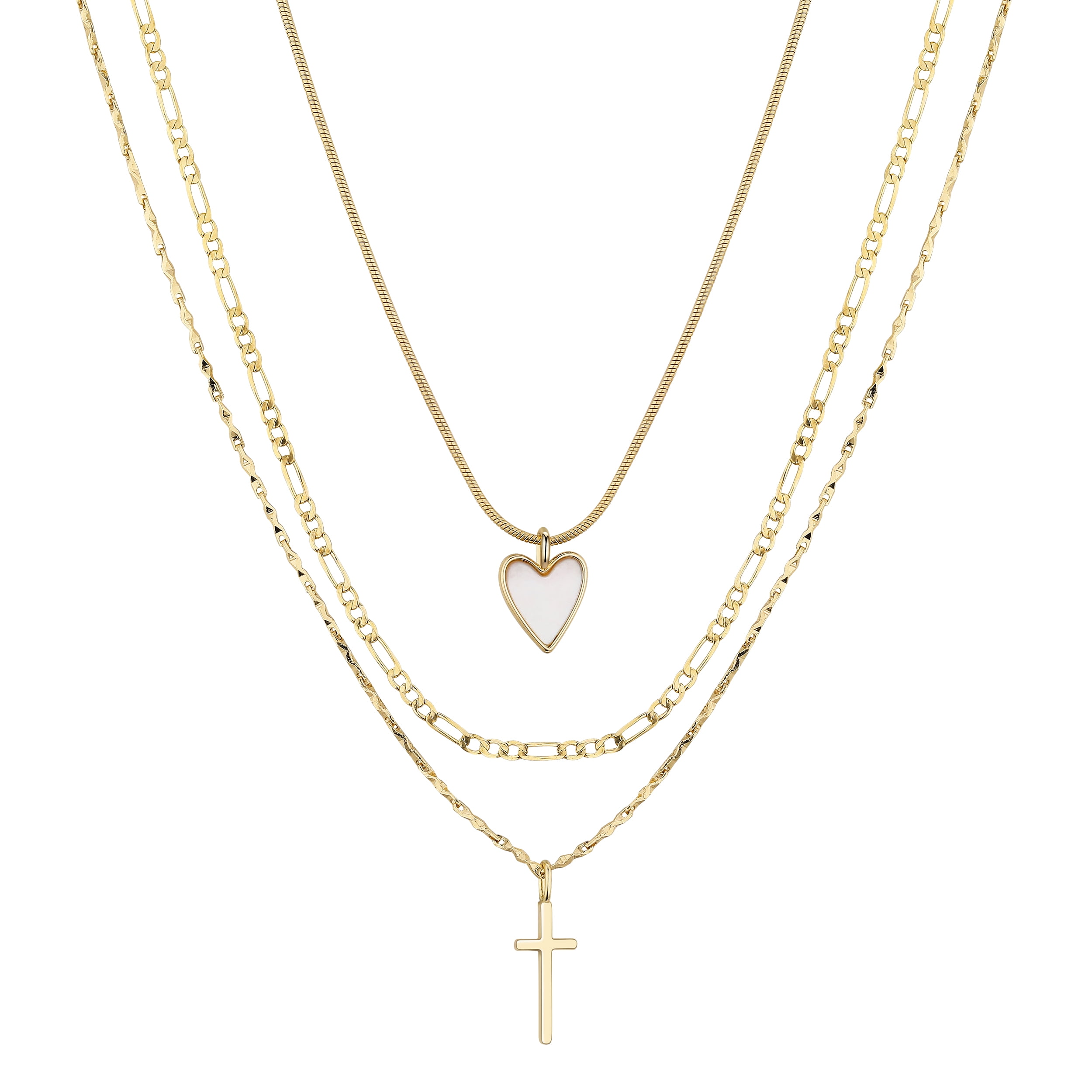 Believe by Brilliance Women's 14Kt Gold Flash-Plated Mother of Pearl Heart and Cross Layered Pendant Necklace Set, 16+2", 17+2", & 18+2" Extender