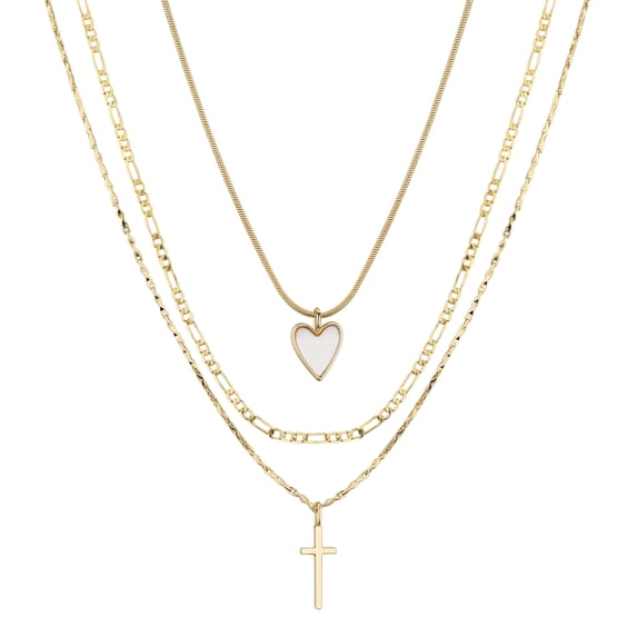 Believe by Brilliance Women's 14Kt Gold Flash-Plated Mother of Pearl Heart and Cross Layered Pendant Necklace Set, 16+2", 17+2", & 18+2" Extender