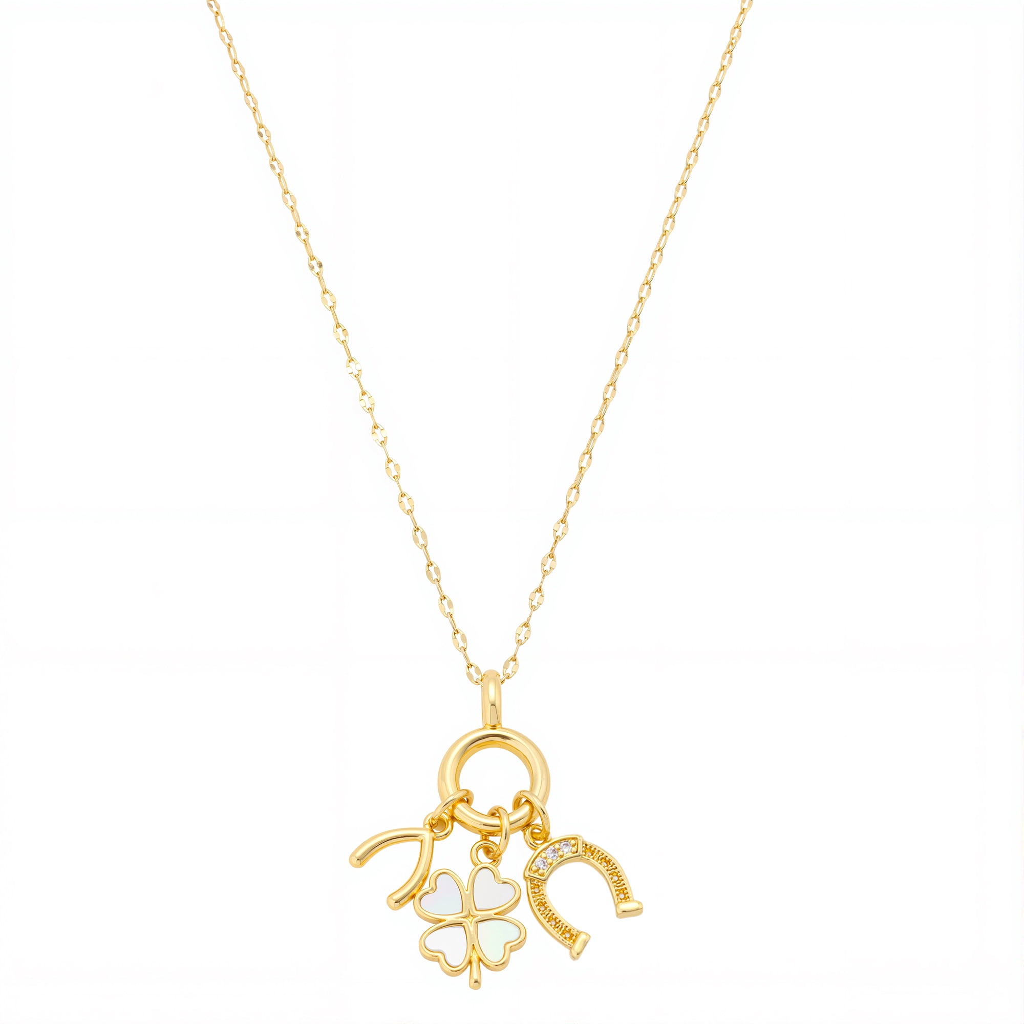Women's 14Kt Gold Flash Plated Mother of Pearl Luck Cluster Charm Necklace