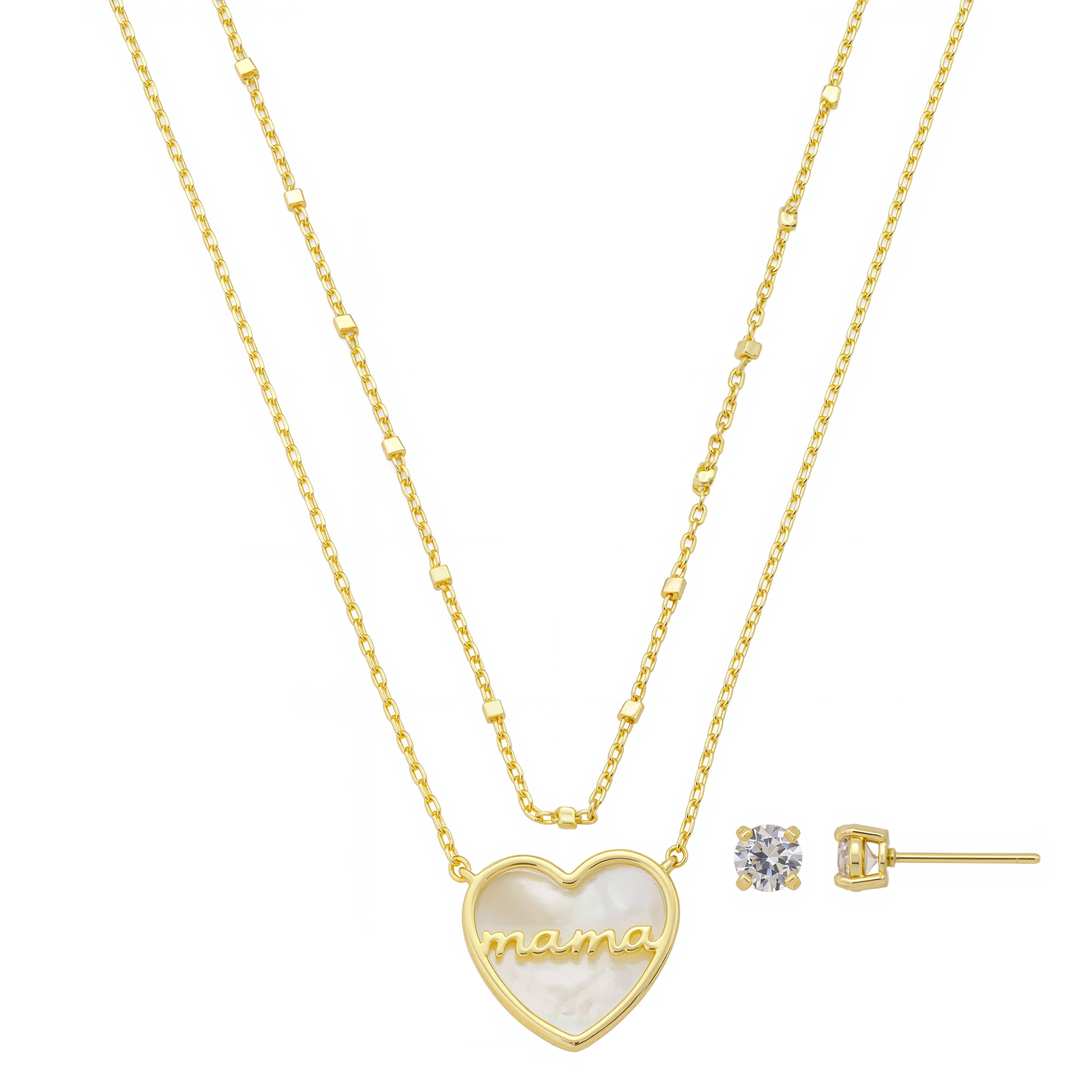BELIEVE BY BRILLIANCE Women's 14Kt Gold Flash Plated Mother of Pearl Mama Heart Pendant Layered Necklace and Stud Earring Set, 16+2"/18+2"