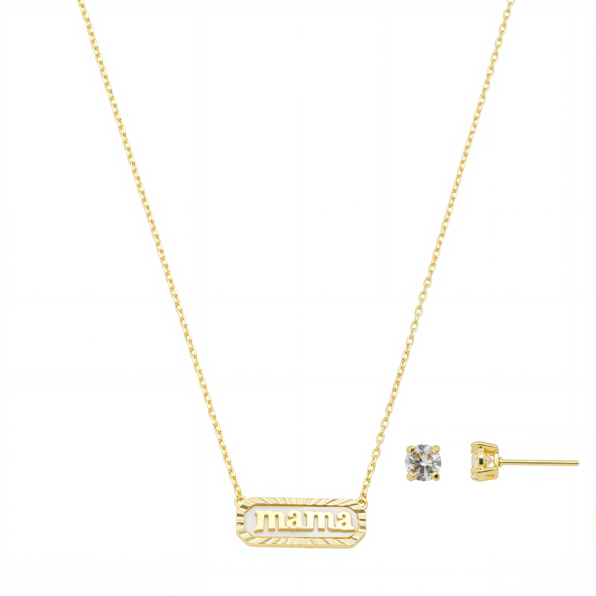 Women's 14Kt Gold Flash Plated Mother of Pearl Mama Necklace and Cubic Zirconia Earring Set