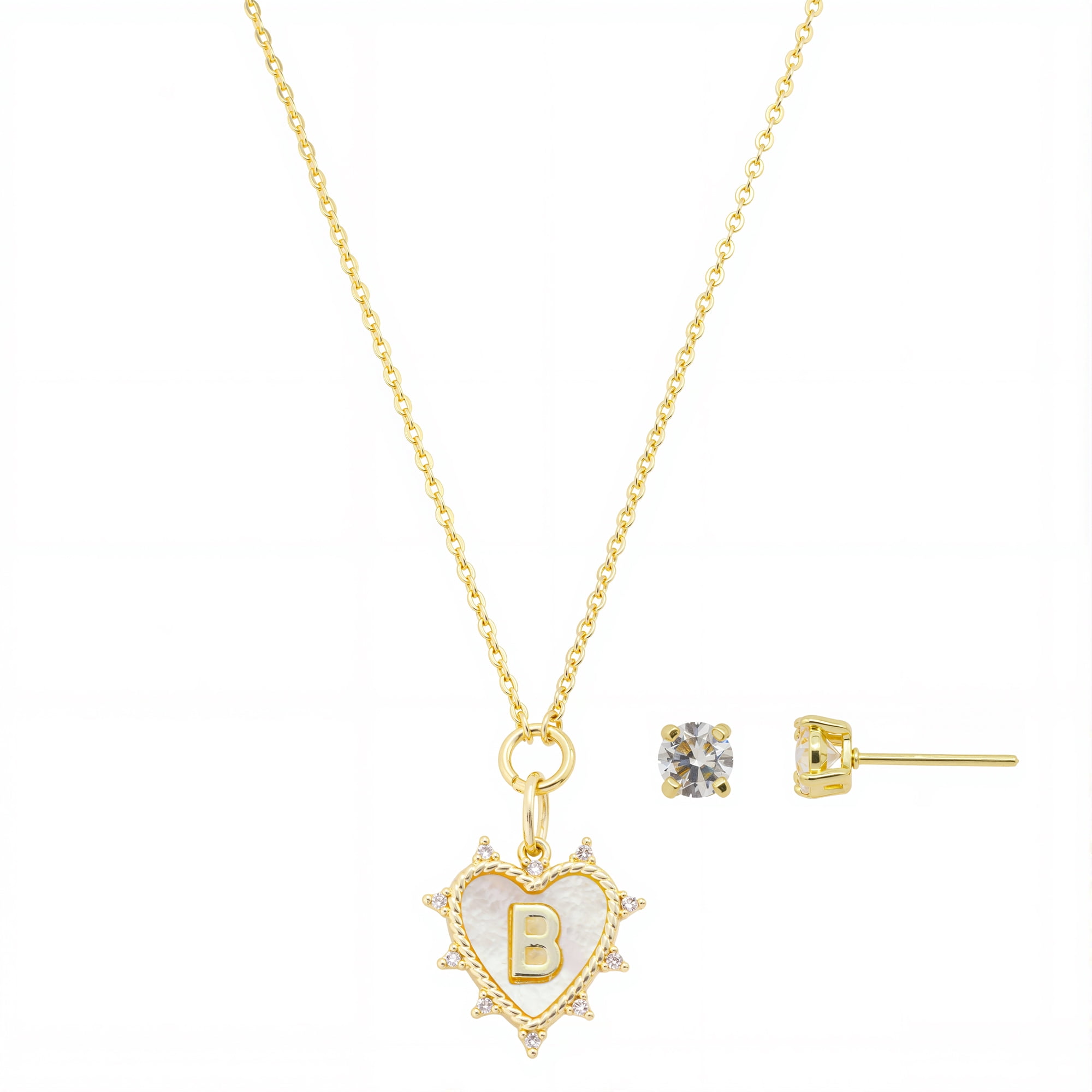 Believe by Brilliance Women's 14Kt Gold Flash Plated Mother of Pearl and Cubic Zirconia Heart "B" Necklace and Earring Set