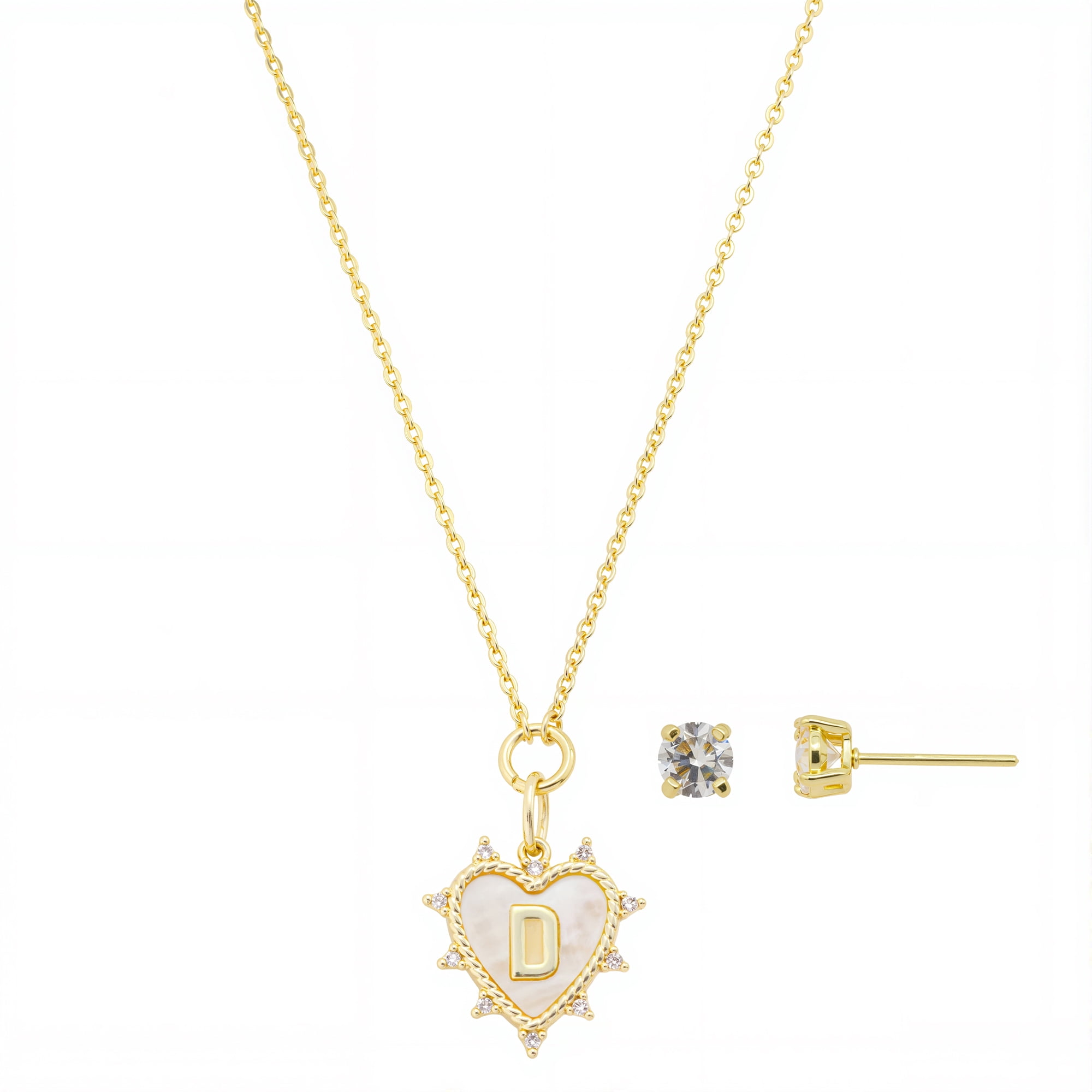 Believe by Brilliance Women's 14Kt Gold Flash Plated Mother of Pearl and Cubic Zirconia Heart "D" Necklace and Earring Set