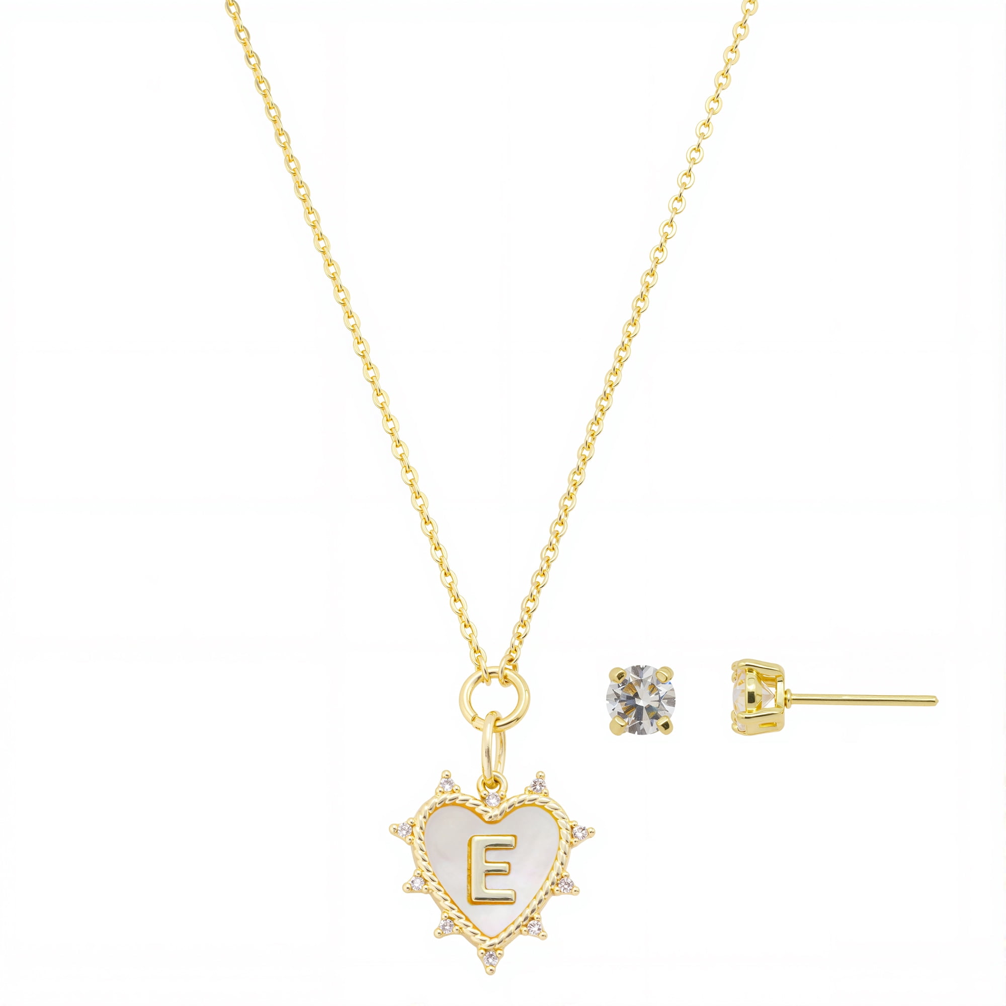 Believe by Brilliance Women's 14Kt Gold Flash Plated Mother of Pearl and Cubic Zirconia Heart "E" Necklace and Earring Set