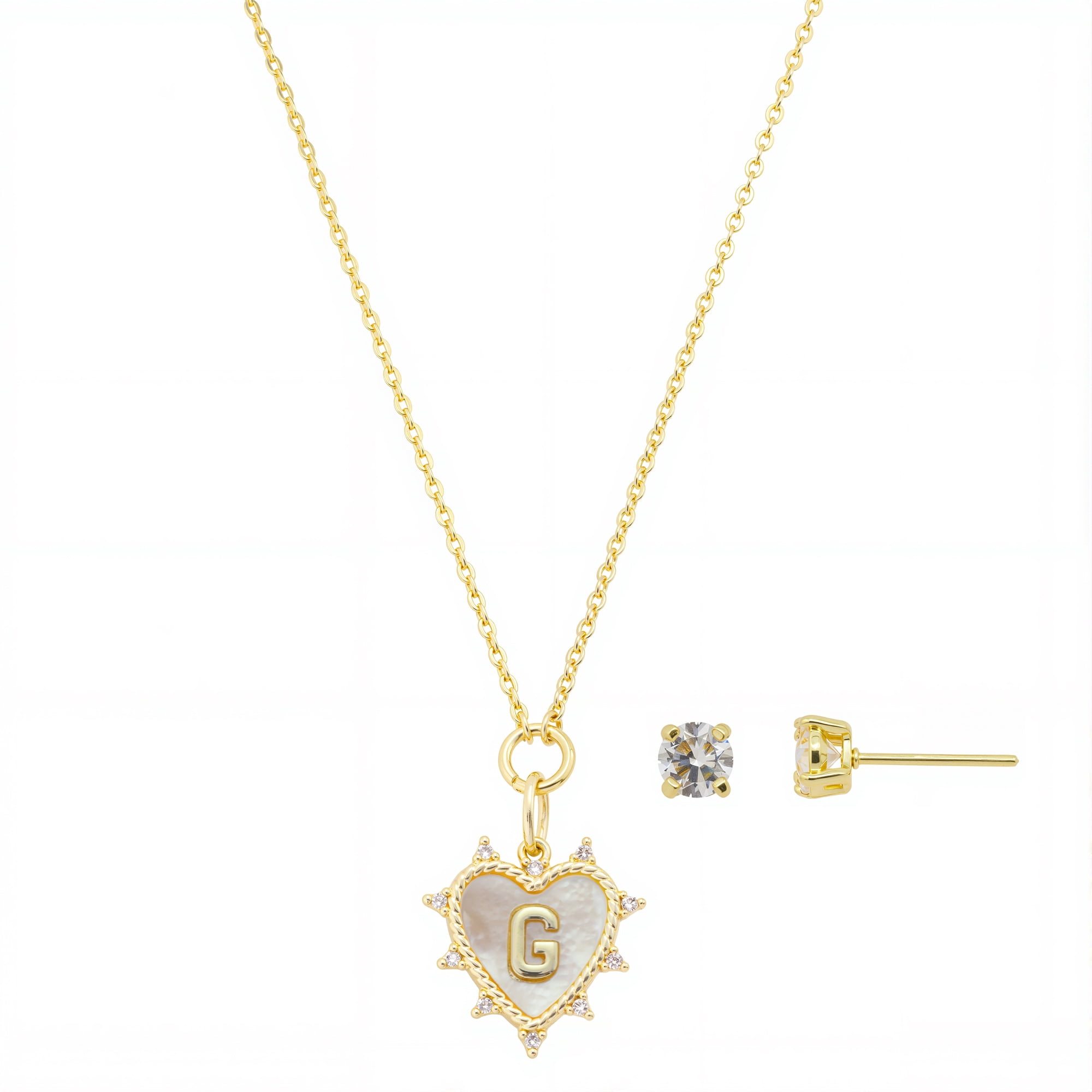 Believe by Brilliance Women's 14Kt Gold Flash Plated Mother of Pearl and Cubic Zirconia Heart "G" Necklace and Earring Set