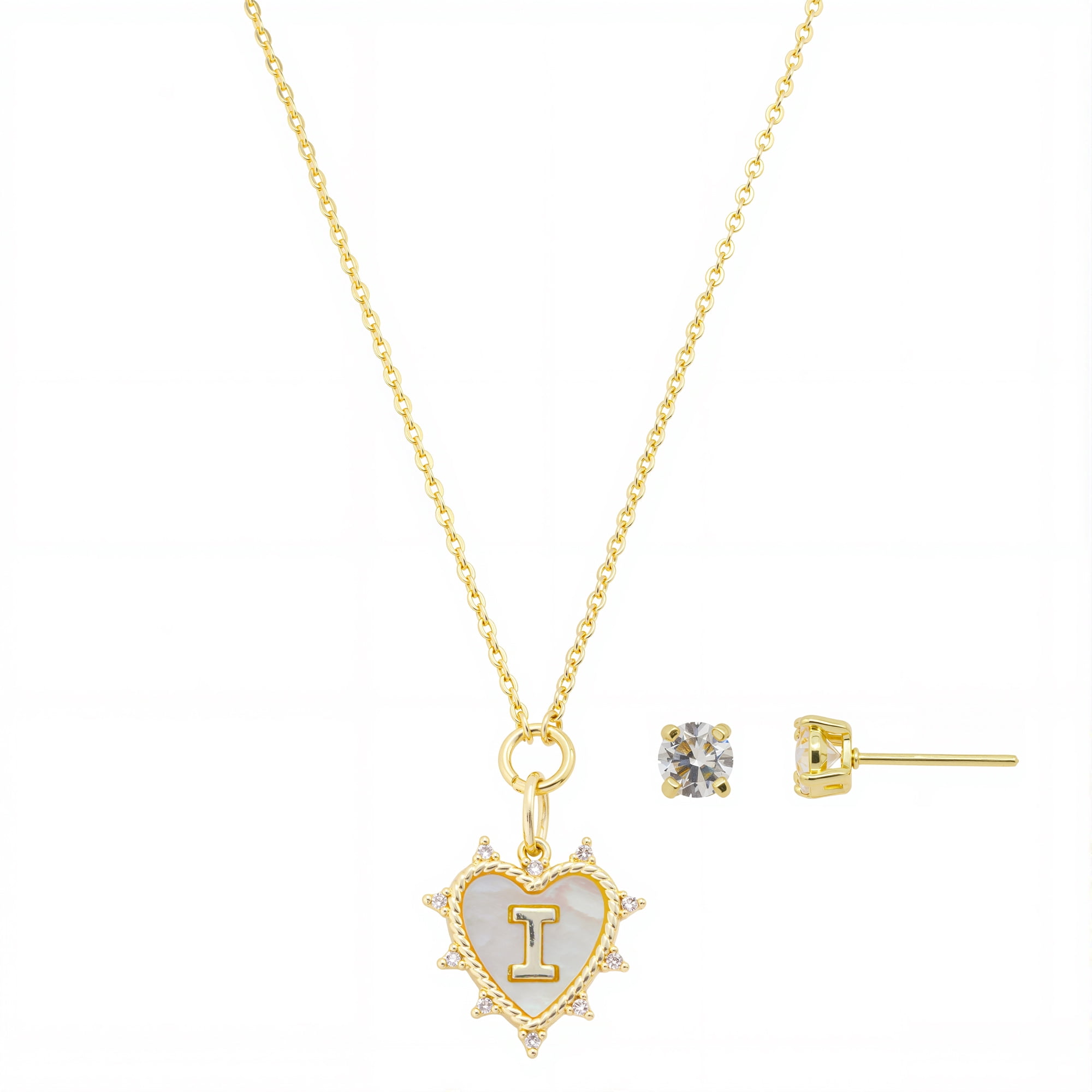 Believe by Brilliance Women's 14Kt Gold Flash Plated Mother of Pearl and Cubic Zirconia Heart "I" Necklace and Earring Set