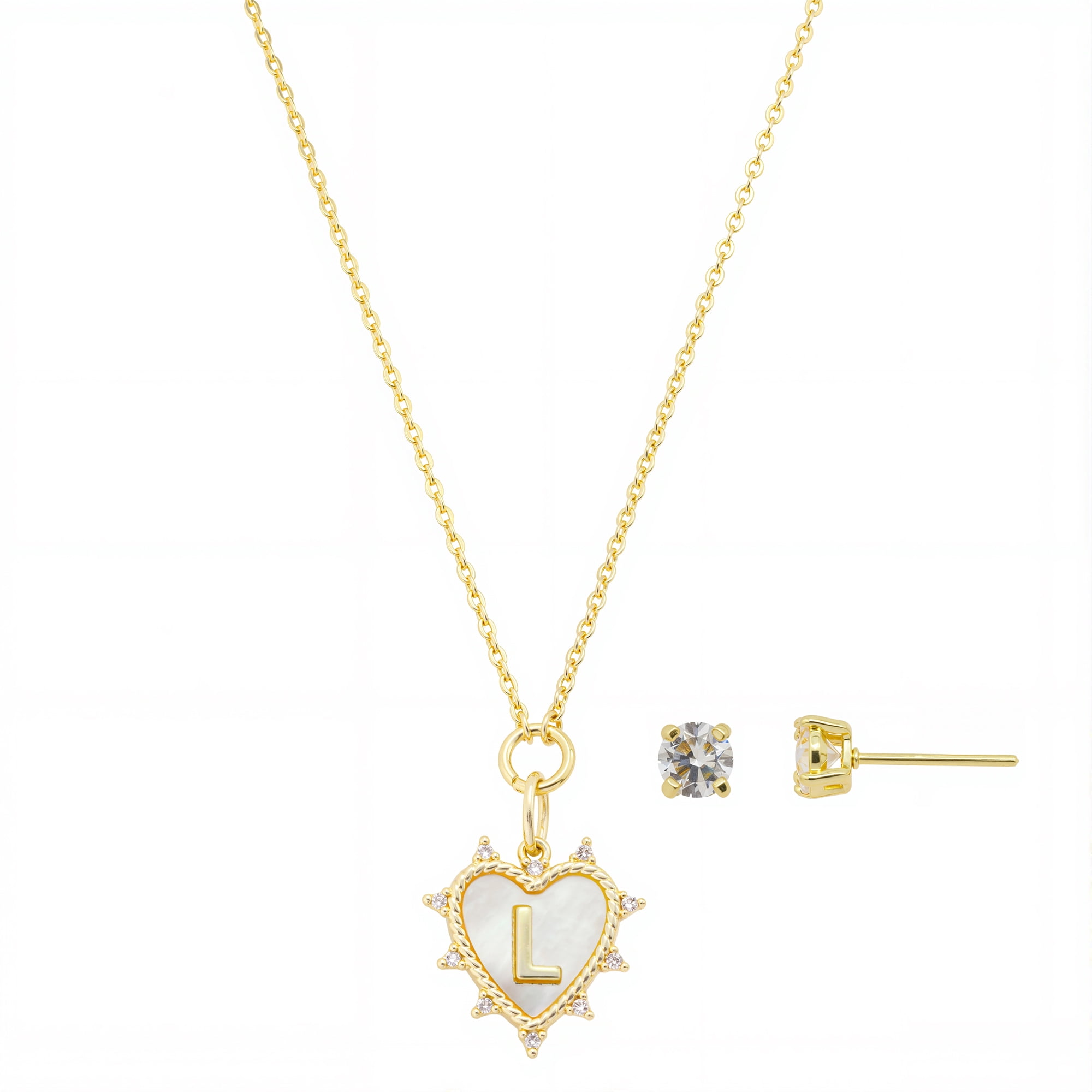 Believe by Brilliance Women's 14Kt Gold Flash Plated Mother of Pearl and Cubic Zirconia Heart "L" Necklace and Earring Set