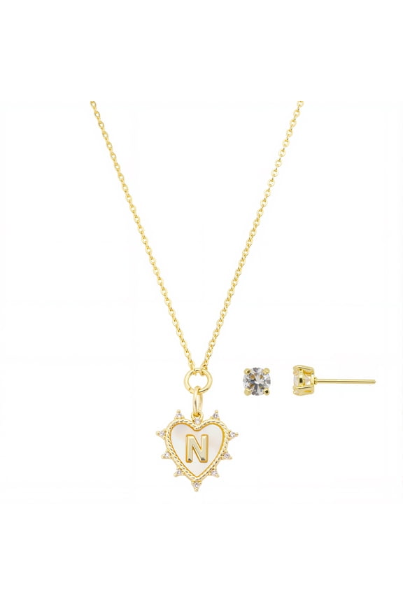 Women's 14Kt Gold Flash Plated Mother of Pearl and Cubic Zirconia Heart "N" Necklace and Earring Set