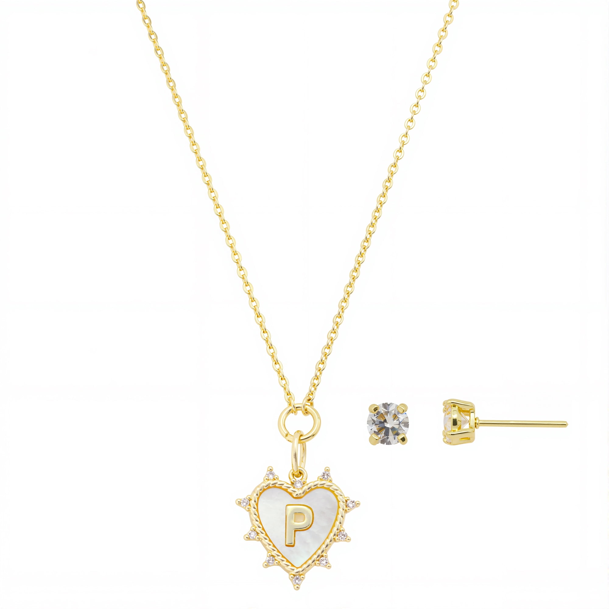 Believe by Brilliance Women's 14Kt Gold Flash Plated Mother of Pearl and Cubic Zirconia Heart "P" Necklace and Earring Set
