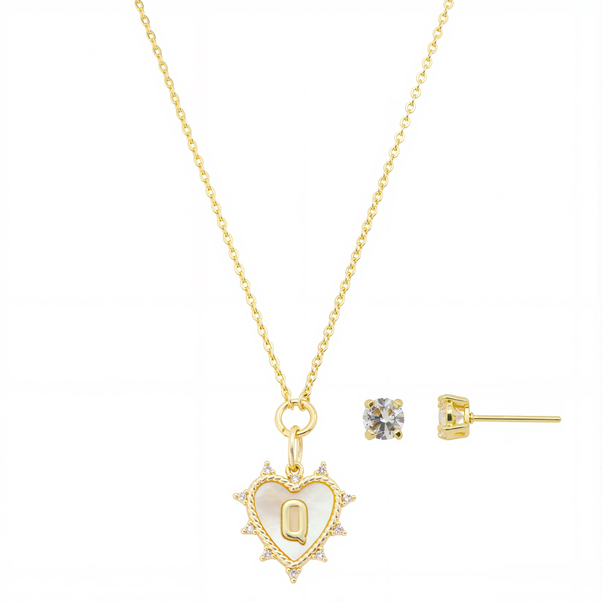 Believe by Brilliance Women's 14Kt Gold Flash Plated Mother of Pearl and Cubic Zirconia Heart "Q" Necklace and Earring Set
