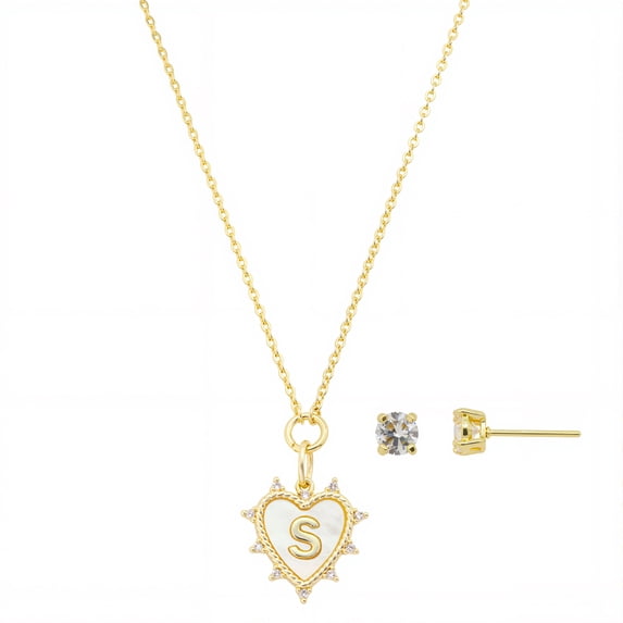 Believe by Brilliance Women's 14Kt Gold Flash Plated Mother of Pearl and Cubic Zirconia Heart "S" Necklace and Earring Set