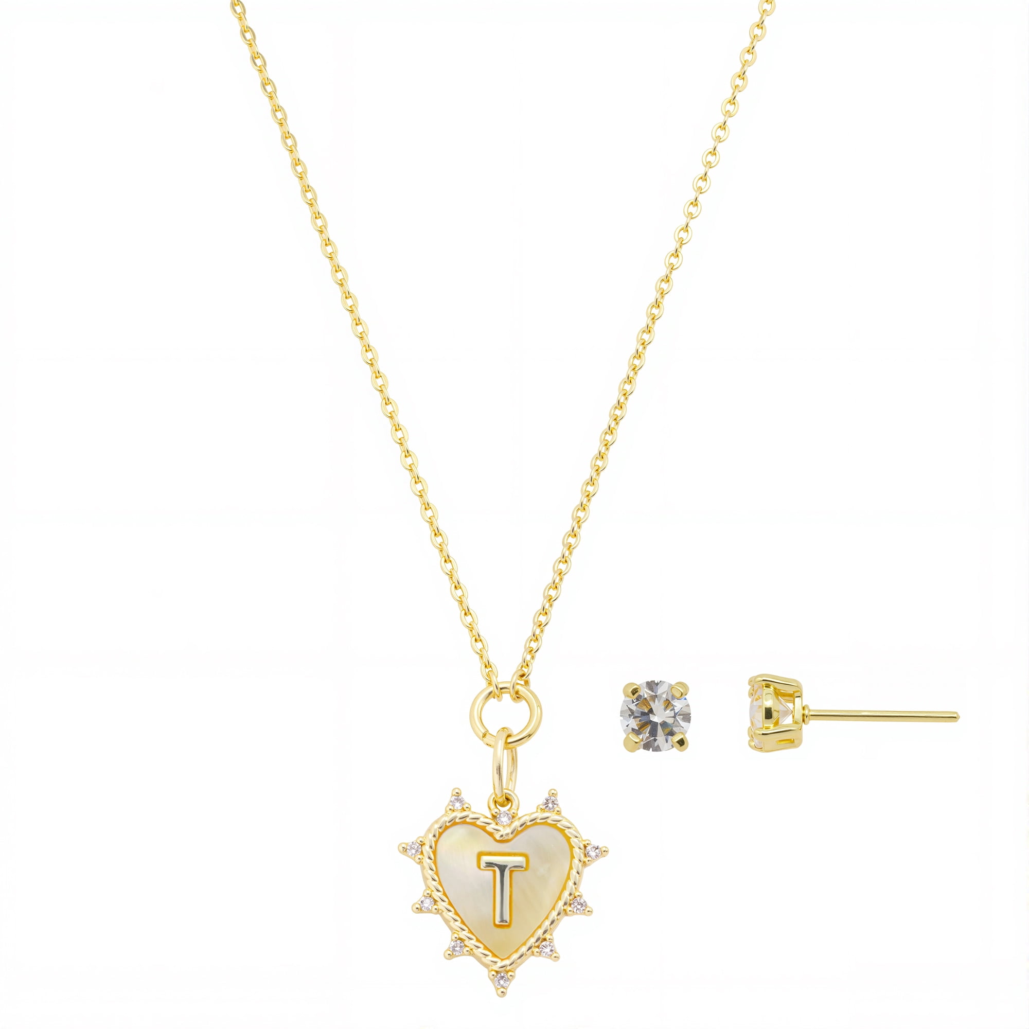 Believe by Brilliance Women's 14Kt Gold Flash Plated Mother of Pearl and Cubic Zirconia Heart "T" Necklace and Earring Set