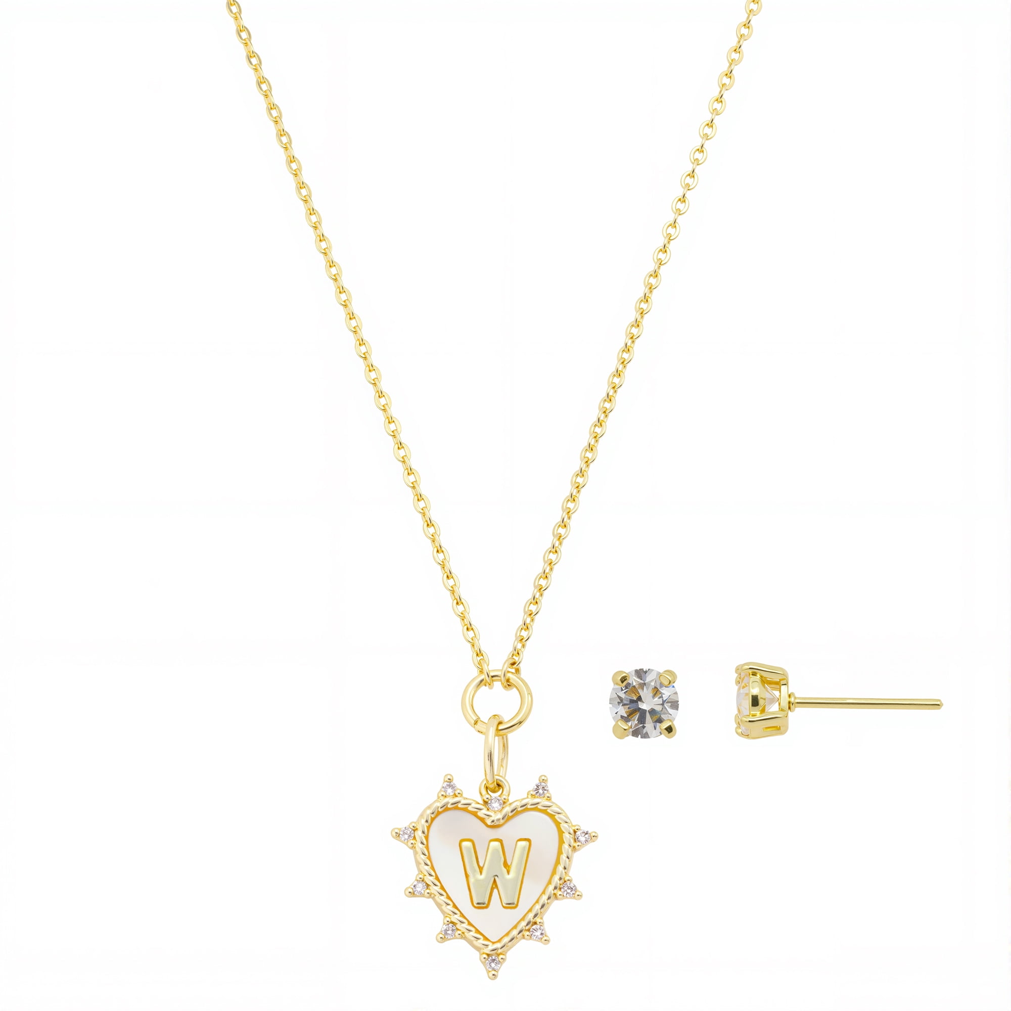 Believe by Brilliance Women's 14Kt Gold Flash Plated Mother of Pearl and Cubic Zirconia Heart "W" Necklace and Earring Set