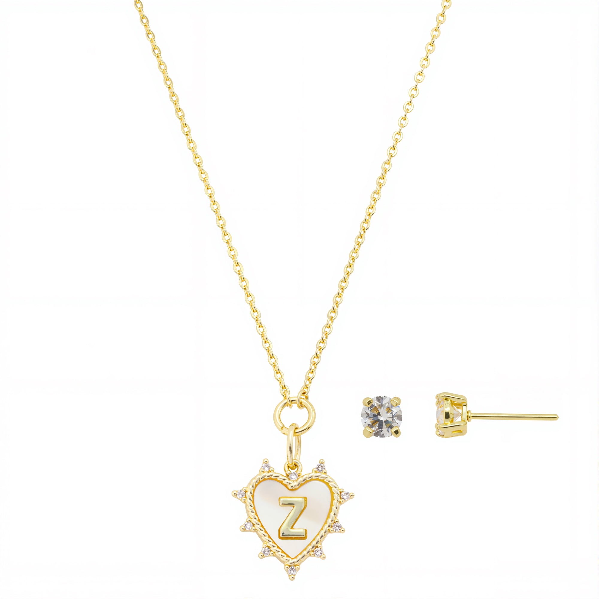 Believe by Brilliance Women's 14Kt Gold Flash Plated Mother of Pearl and Cubic Zirconia Heart "Z" Necklace and Earring Set