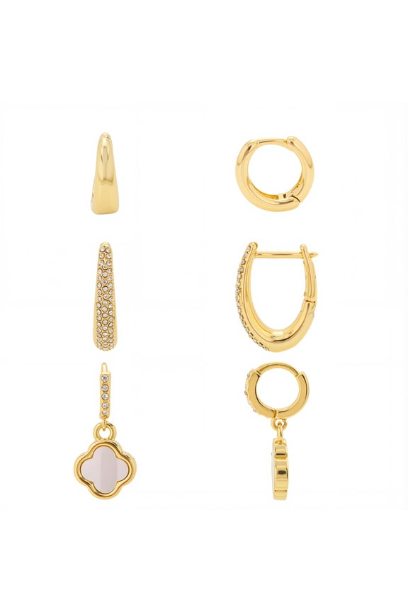 Women's 14Kt Gold Flash Plated Mother of Pearl and Glass Trio Hoop Earring Set