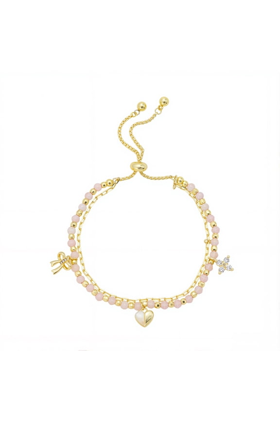 Women's 14Kt Gold Flash Plated Rose Quartz Beaded Charm Adjustable Bolo Bracelet