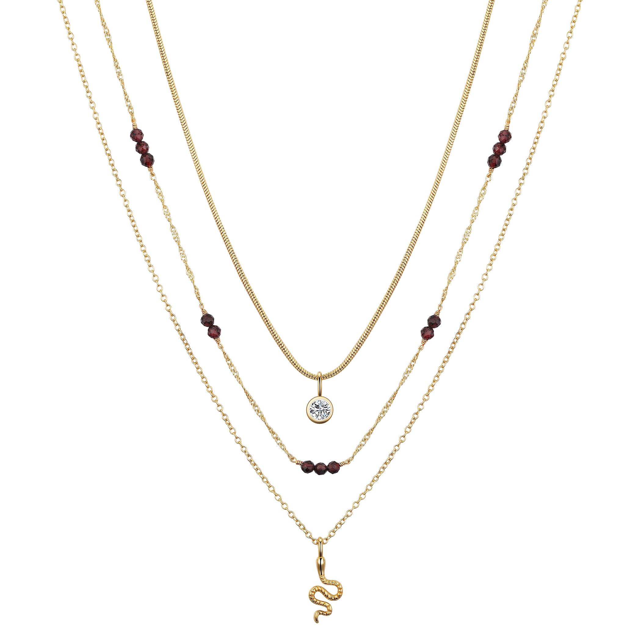 Believe by Brilliance Women's 14Kt Gold Flash Plated Snake Cubic Zirconia Layered Pendant Necklace, 16 & 17 & 18+2" Extender