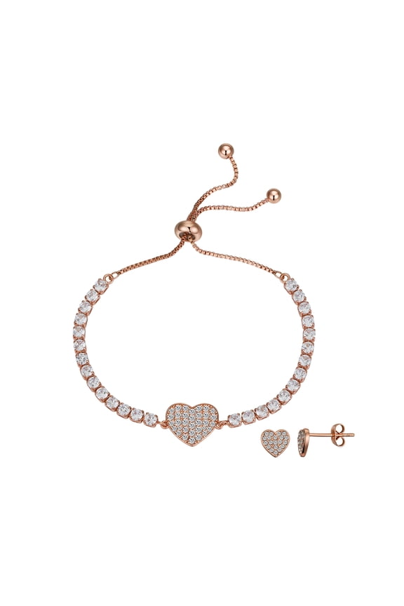 Women's 14Kt Rose Gold Flash Plated Cubic Zirconia Heart Bolo Bracelet and Stud Earring Set, Adjustable