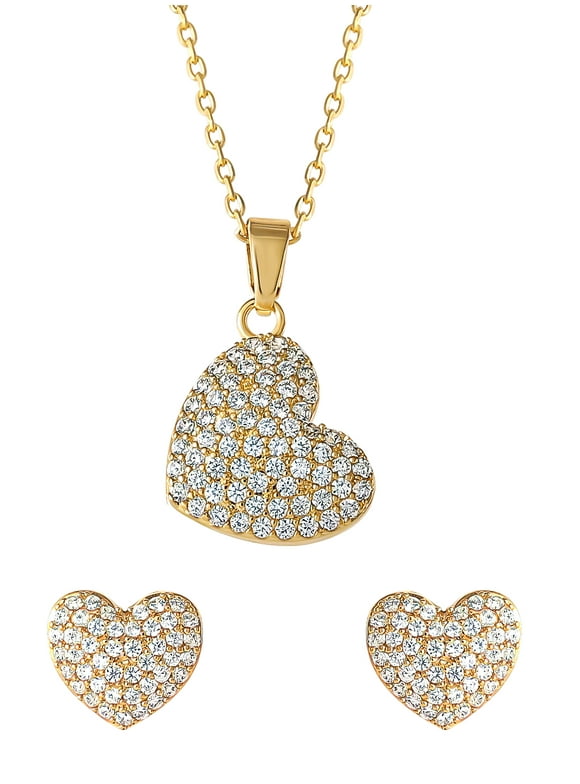 -Women's 14kt Gold Flash Plated Cubic Zirconia Heart Earring and Pendant Set, 16" + 2"
