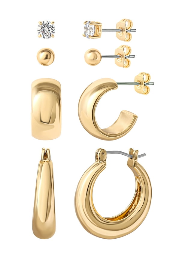 Women's 14kt Gold Flash Plated Fashion Metal Cubic Zirconia 4 Pair Earring Set