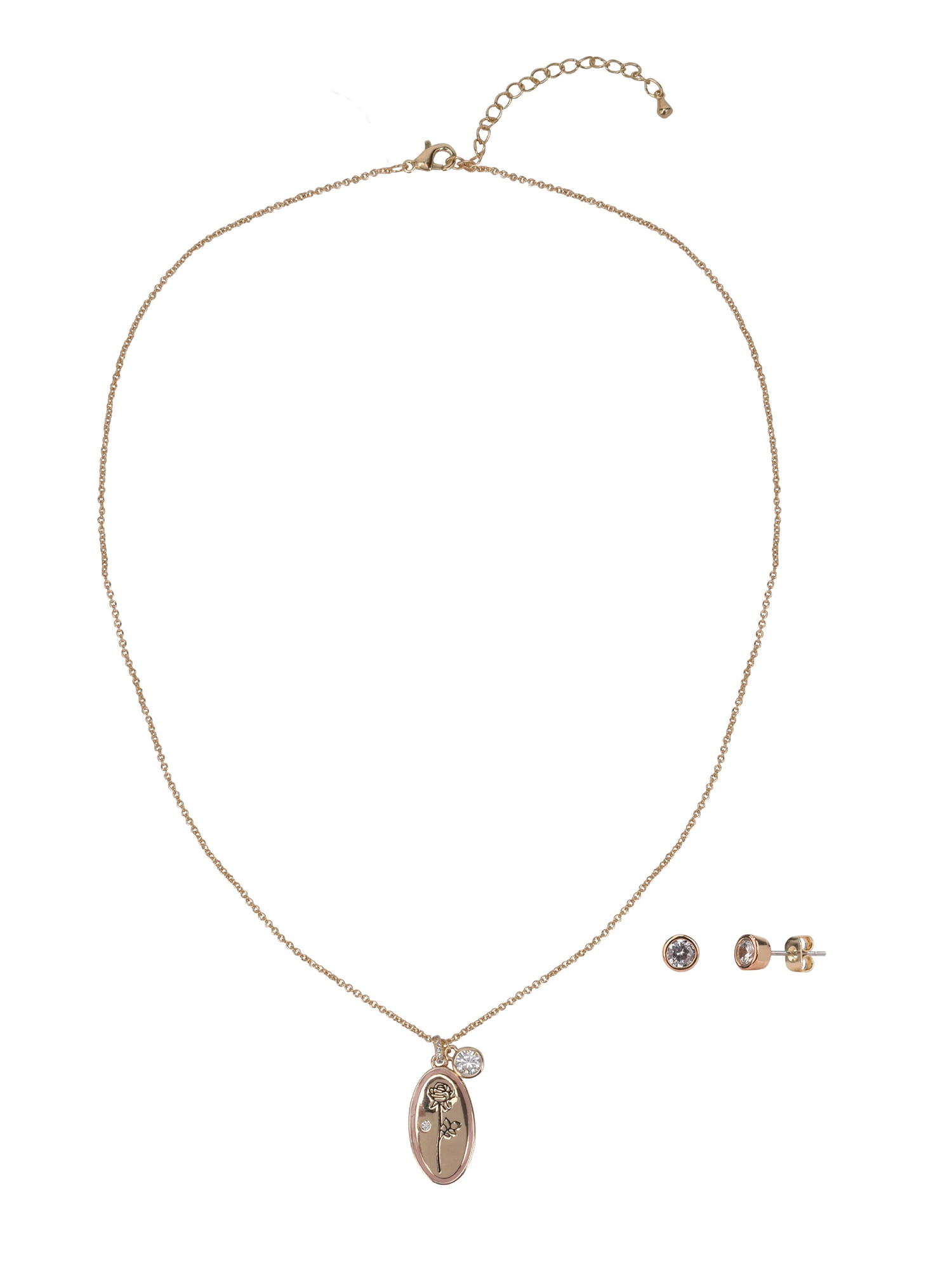 Believe by Brilliance Women's Adult Female 14kt Gold Flash Plated Etched Rose and Love CZ Necklace and Earring Set