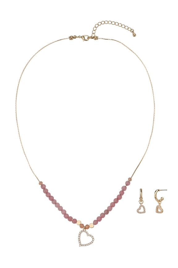 Women's Adult Female 14kt Gold Flash Plated Heart Genuine Stone CZ Necklace and Earring Set