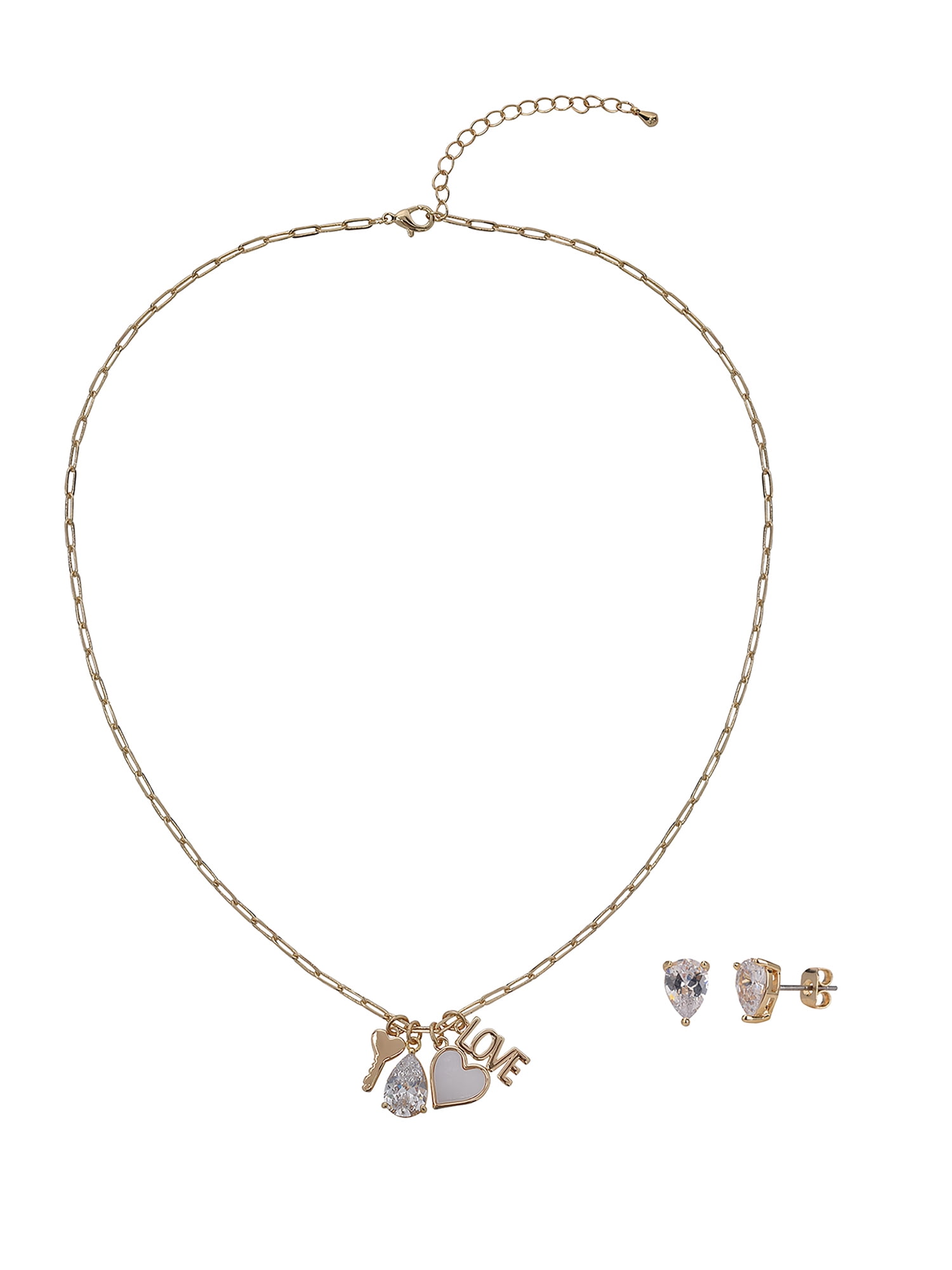 BELIEVE BY BRILLIANCE Women's Adult Female 14kt Gold Flash Plated Heart and Love Genuine Mother of Pearl and CZ Necklace and Earring Set