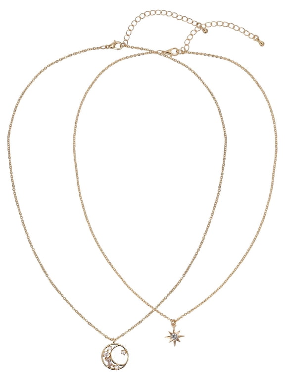 Women's Adult Female 14kt Gold Flash Plated Moon and Stars with CZ Layered Necklace