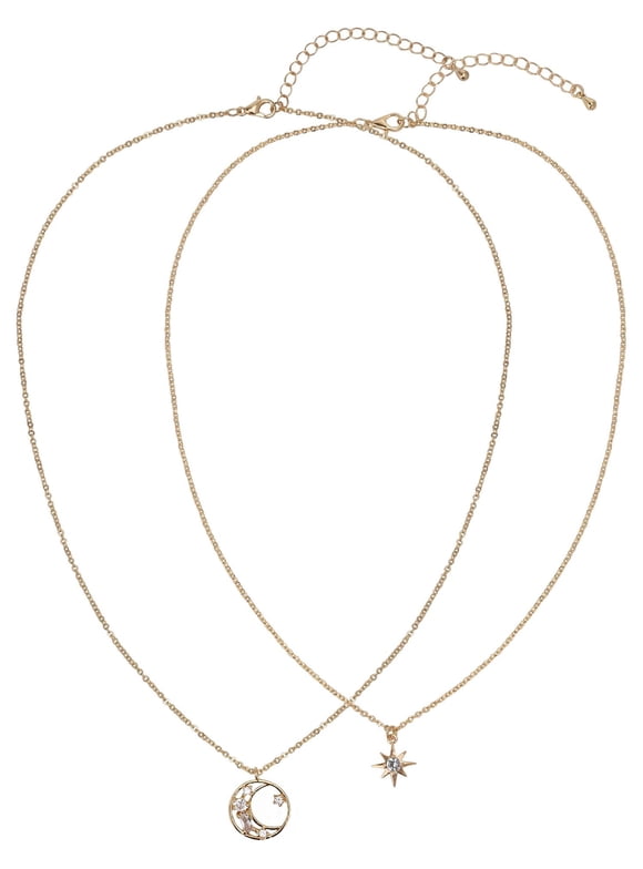 Women's Adult Female 14kt Gold Flash Plated Moon and Stars with CZ Layered Necklace