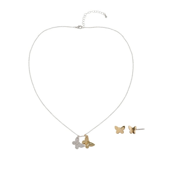Believe by Brilliance Women's Adult Female 14kt Gold Flash Plated and Fine Silver Plated Butterfly CZ Necklace and Earring Set