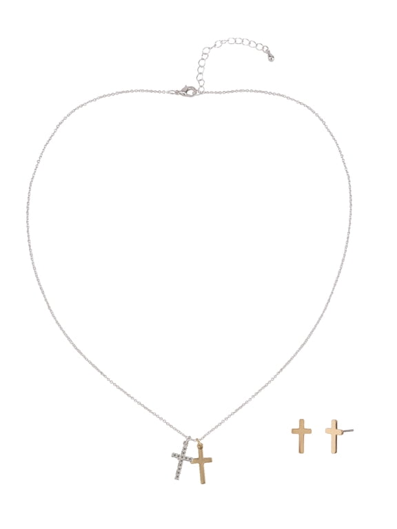 Women's Adult Female14kt Gold Flash Plated and Fine Silver Plated Cross CZ Necklace and Earring Set.