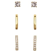 Believe by Brilliance Women's Brass 14kt Gold Flash Plated Cubic Zirconia Stud, Hoop, and Polished Earring Set