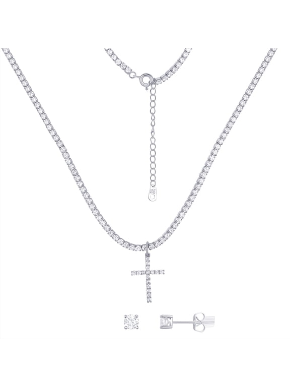 Women's Cubic Zirconia Cross Tennis Necklace Set in Fine Silver Plated Brass