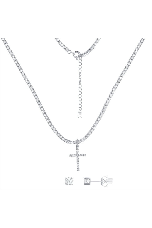 Women's Cubic Zirconia Cross Tennis Necklace Set in Fine Silver Plated Brass