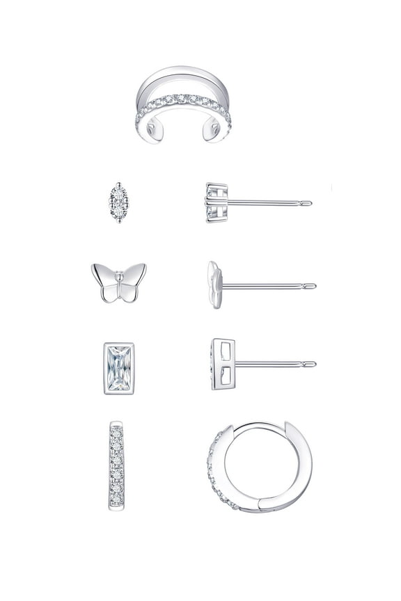 Women's Cubic Zirconia Four Pair Earring Set with Ear Cuff Fine Silver Plated