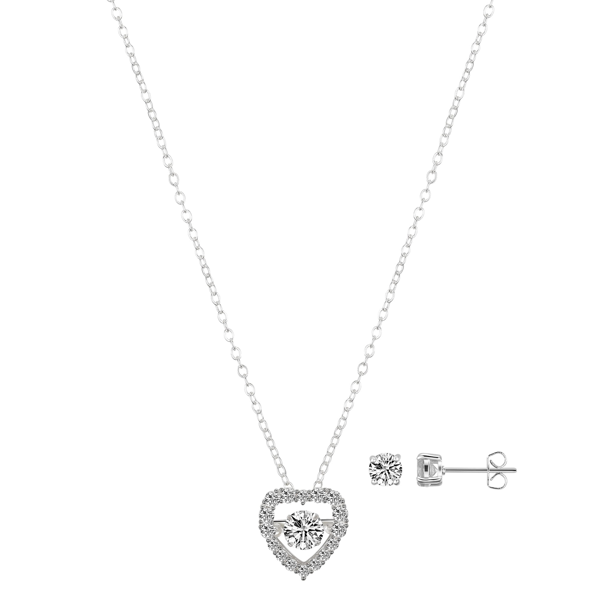 Believe by Brilliance Women's Cubic Zirconia Heart Necklace and Stud Earring Set, 18+2"