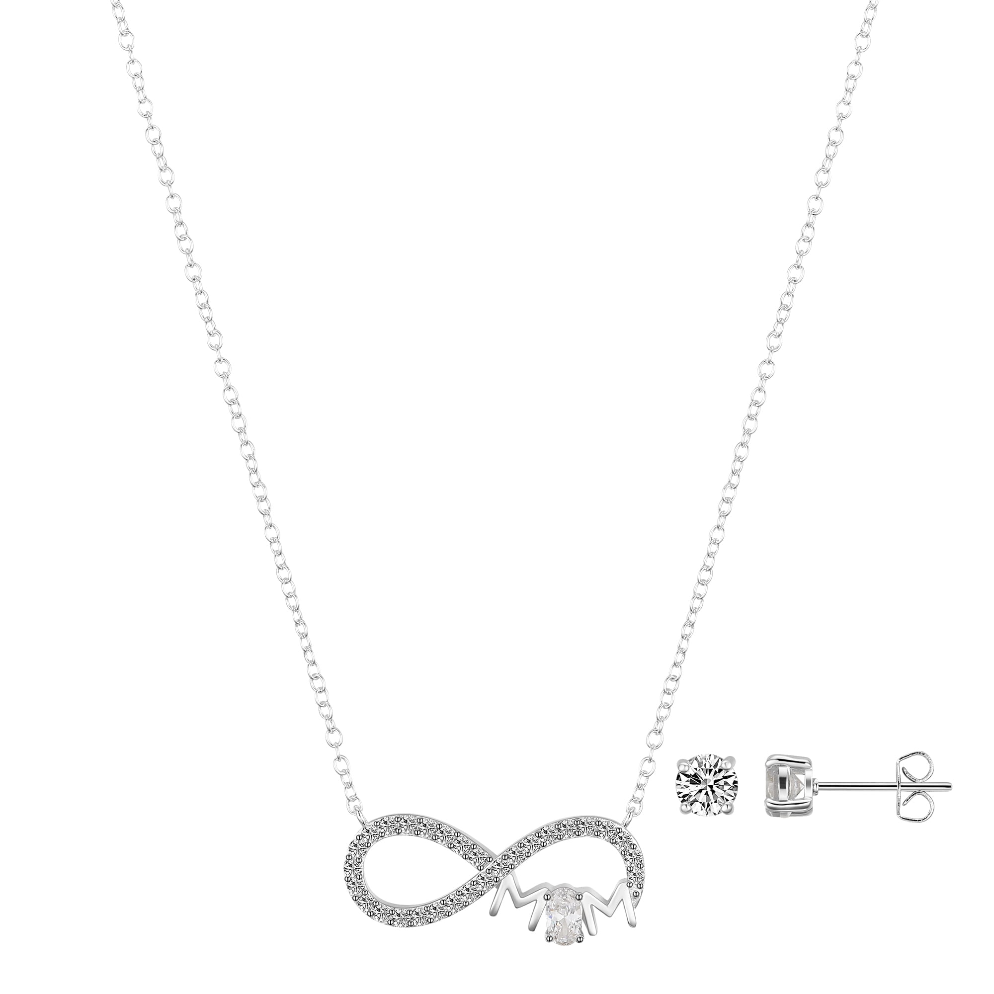 Believe by Brilliance Women's Cubic Zirconia Infinity 'Mom' Necklace and Stud Set, 16+2"