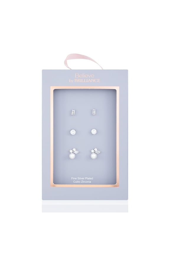 Women's Fine Silver Plate Trio Stud Earring Set with Cubic Zirconia Stones