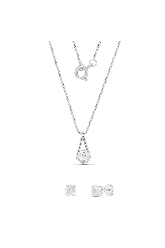 Women's Fine Silver Plated CZ Solitaire Pendant and Stud Earring Set