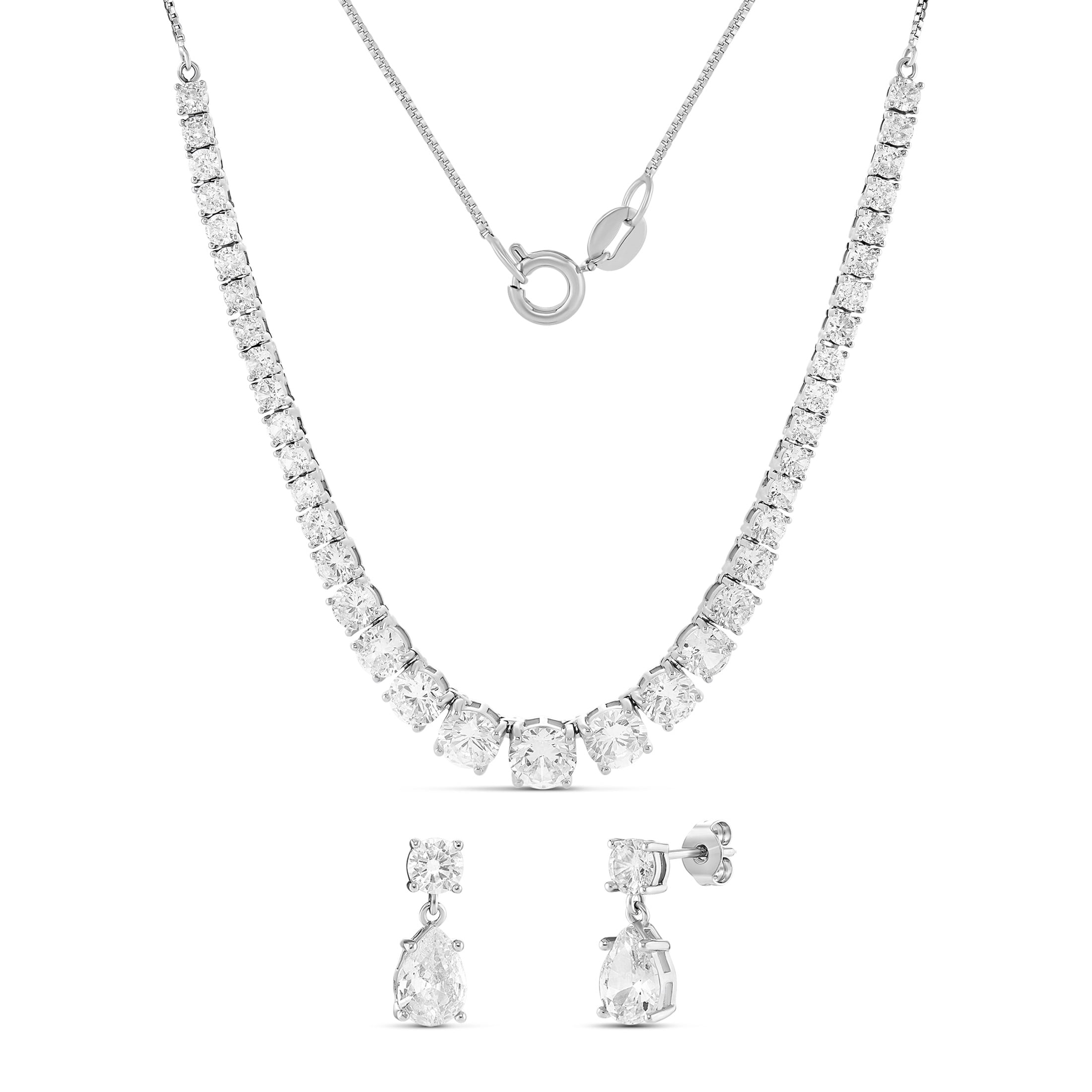 Believe by Brilliance Women's Fine Silver Plated CZ Tennis Necklace and Drop Earring Set