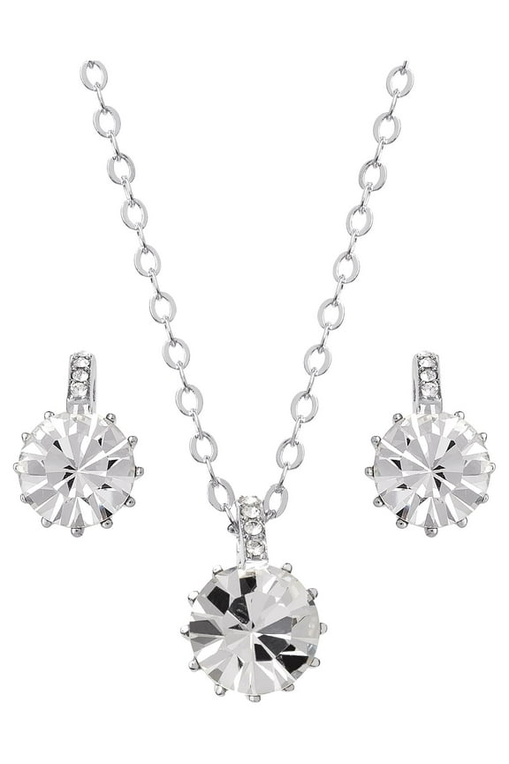 Women's Fine Silver Plated Clear Crystal Pendant & Earring Set, 18" + 2" CHAIN