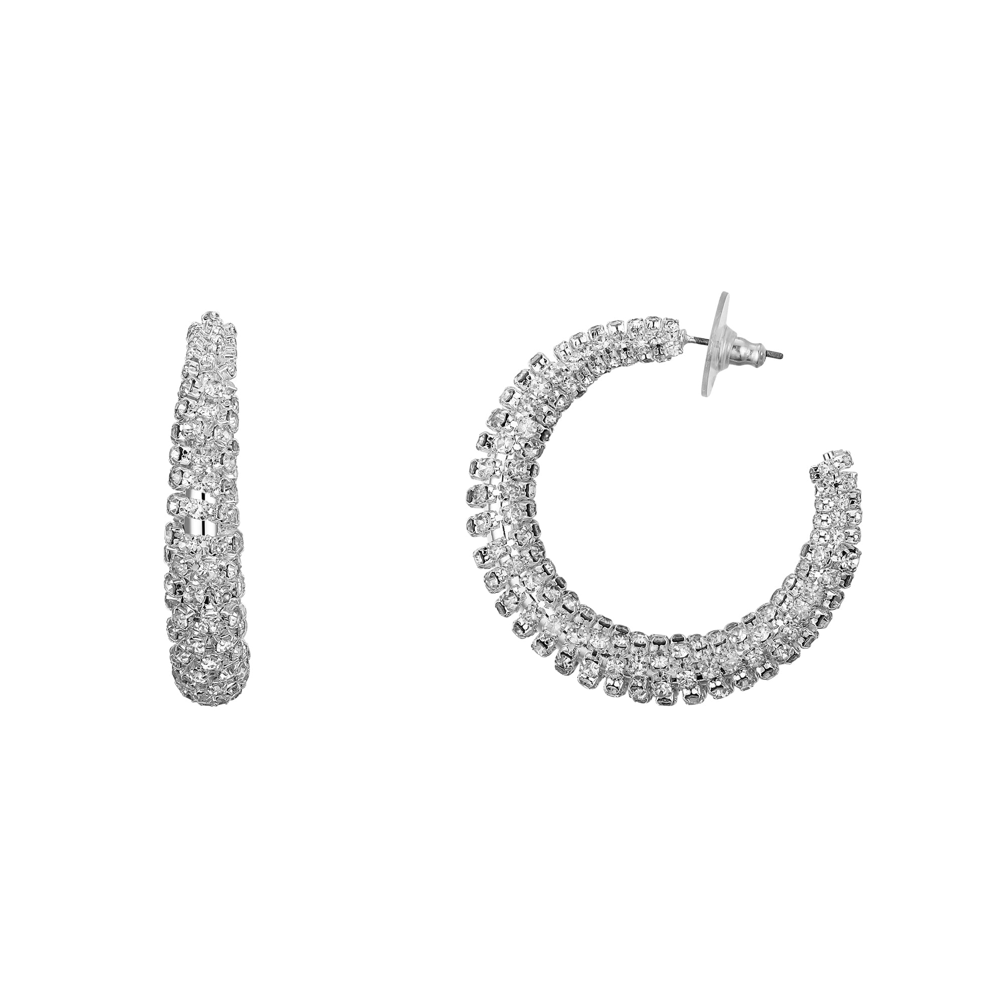 Believe by Brilliance Women's Fine Silver Plated Crystal Chunky Post Hoop Earings