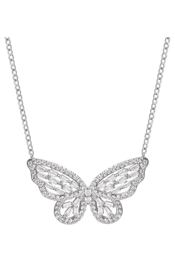 - Women's Fine Silver Plated Cubic Zirconia Butterfly Necklace, 18" + 2"
