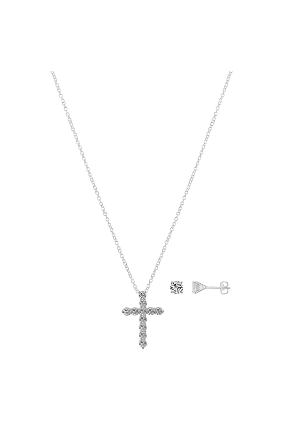 Women's Fine Silver Plated Cubic Zirconia Cross Pendant Necklace and Stud Earring Set, 18+2" Extender