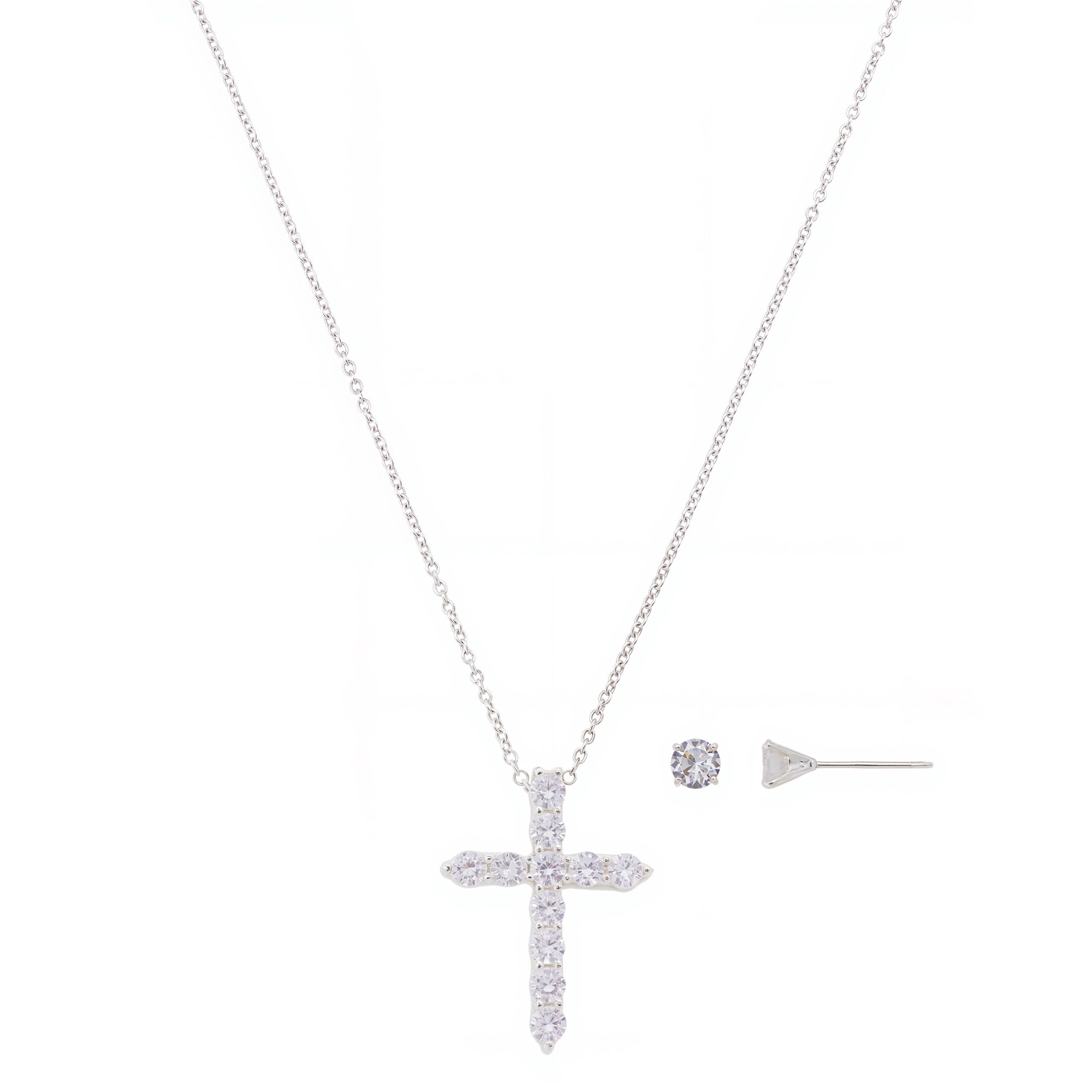 BELIEVE BY BRILLIANCE Women's Silver Plated Cubic Zirconia Cross Pendant Necklace and Stud Earring Set, 18+2"