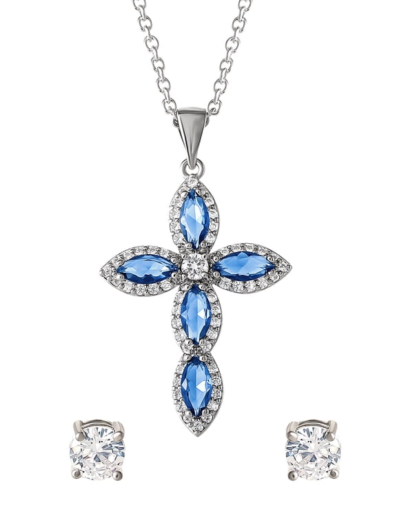 Women's Fine Silver Plated Cubic Zirconia Cross Pendant and Stud Earring Set, 18"