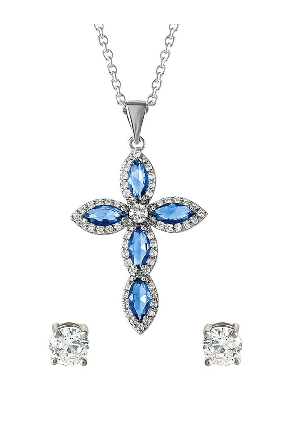 Women's Fine Silver Plated Cubic Zirconia Cross Pendant and Stud Earring Set, 18"