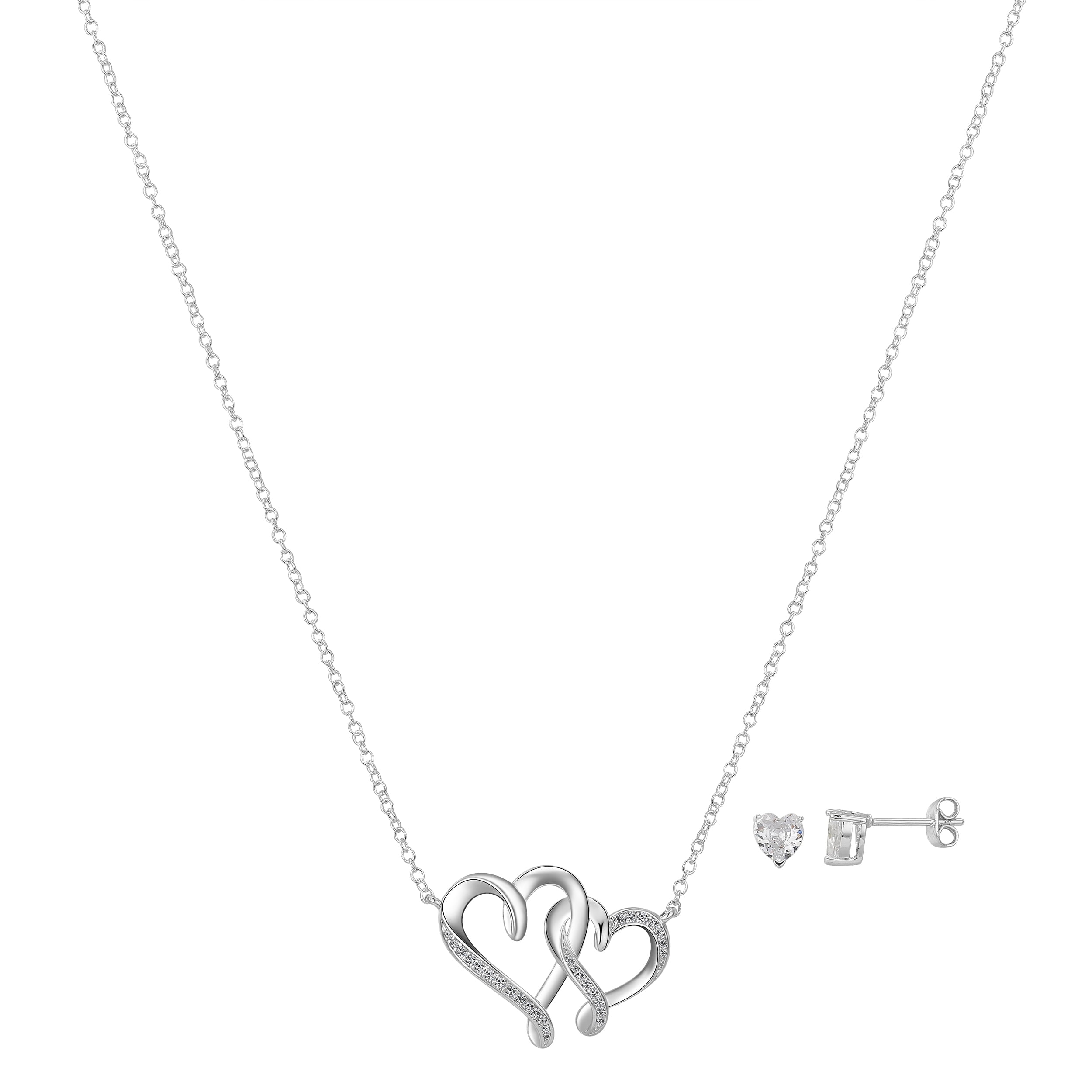 BELIEVE BY BRILLIANCE Women's Fine Silver Plated Cubic Zirconia Double Heart Necklace and Stud Earring Set, 18+2" Extender