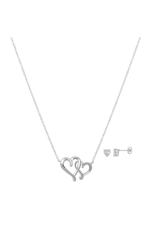 Women's Fine Silver Plated Cubic Zirconia Double Heart Necklace and Stud Earring Set, 18+2" Extender